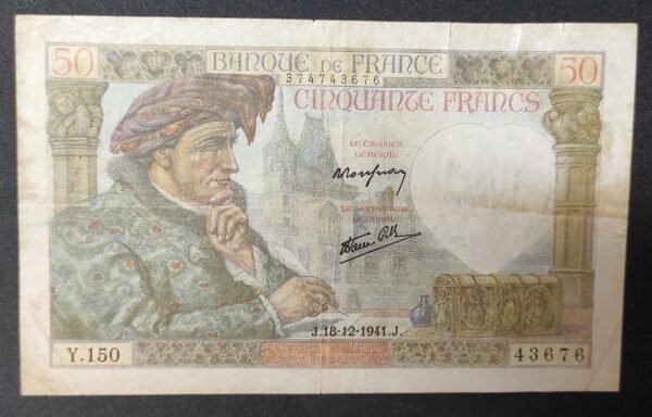 france billet de 50 francs jacques cœur du 18/12/1941 y.150 ref : f.19/17