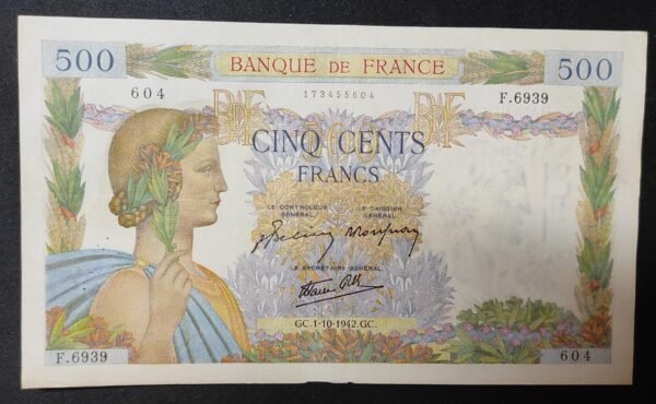 france billet de 500 francs la paix du 01/10/1942 f.6939 ref : f.32/41 ttb