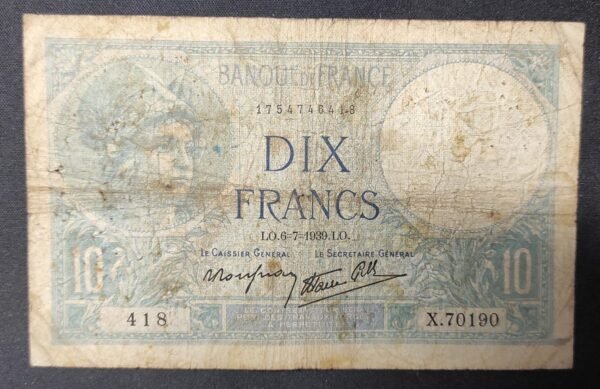 france billet de 10 francs minerve du 06/07/1939 x.70190 ref : f.07/04