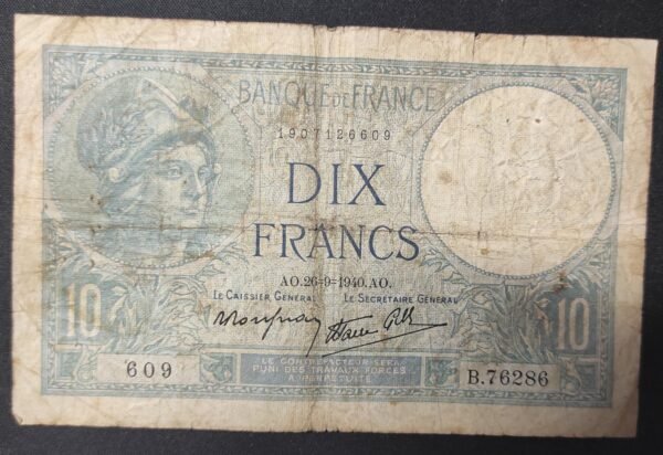france billet de 10 francs minerve du 26/09/1940 b.76286 ref : f.07/17