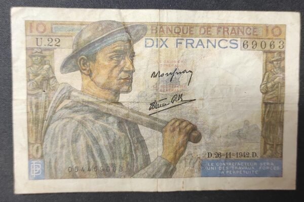 france billet de 10 francs mineur du 26/11/1942 p.34 ref : f.08/06 (copie)