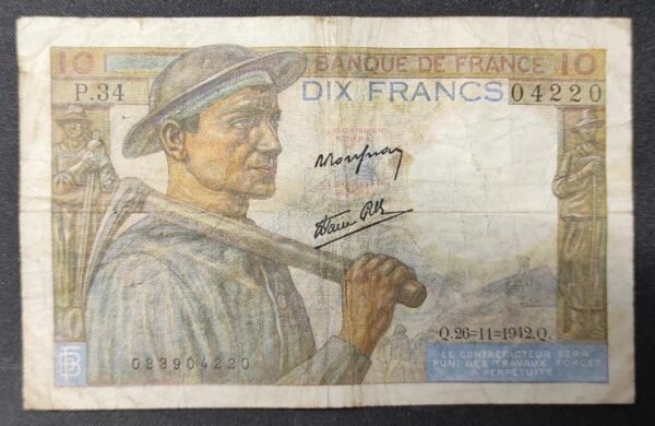 france billet de 10 francs mineur du 26/11/1942 a.28 ref : f.08/06 (copie)
