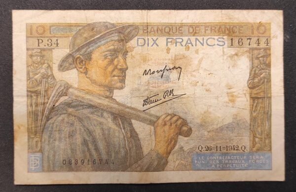 france billet de 10 francs mineur du 26/11/1942 u.22 ref : f.08/06 (copie)
