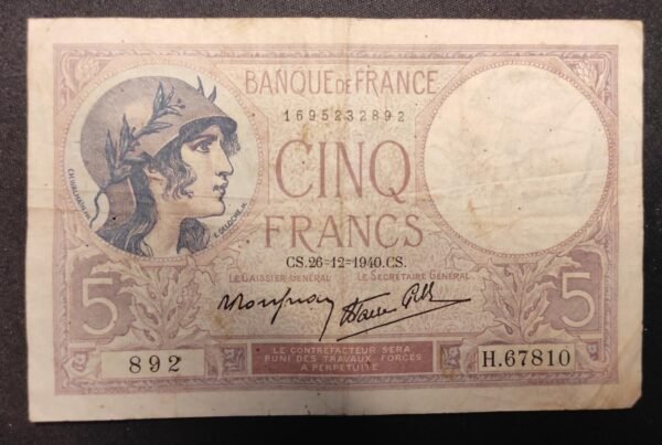 france billet de 5 francs violet du 26/12/1940 h.67810 ref f.04/18 dernière date