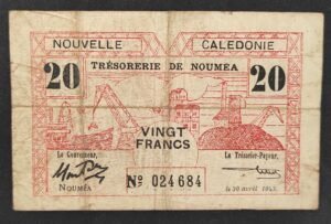 rare nouvelle calédonie billet de 20 francs rouge trésorerie de nouméa 1943