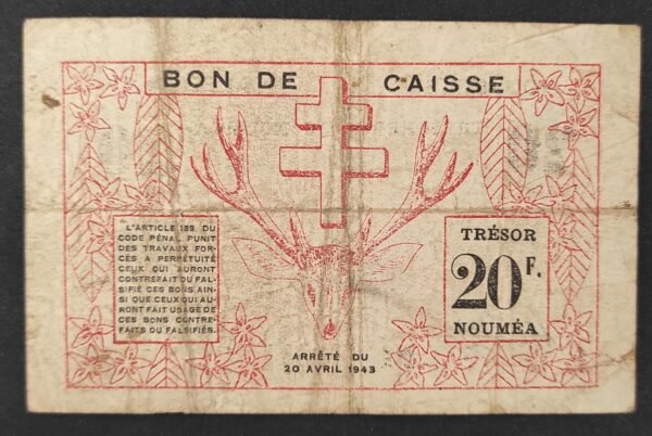 rare nouvelle calédonie billet de 20 francs rouge trésorerie de nouméa 1943