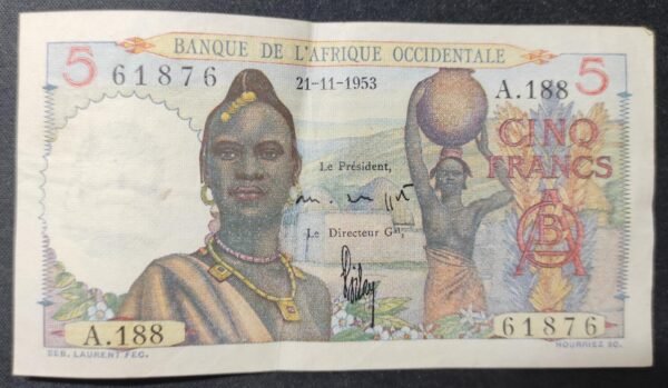 banque de l'afrique occidentale billet de 5 francs du 21/11/1953 sup !