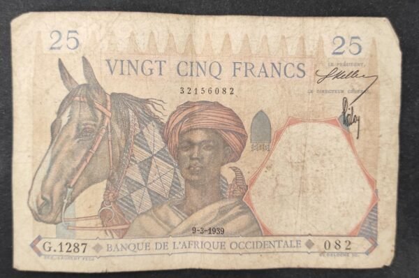 banque de l'afrique occidentale billet de 25 francs du 09/03/1939