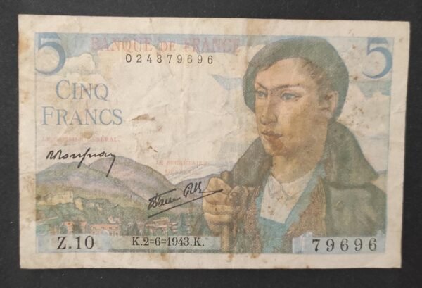 france billets de 5 francs berger du 02/06/1943 n.5 ref : f.05/01 1er date (copie)
