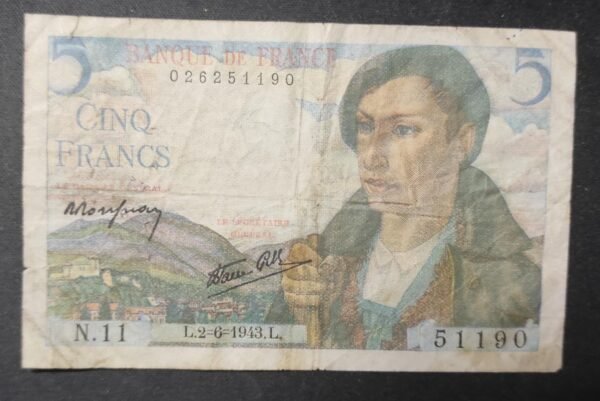france billets de 5 francs berger du 02/06/1943 z.10 ref : f.05/01 1er date (copie)