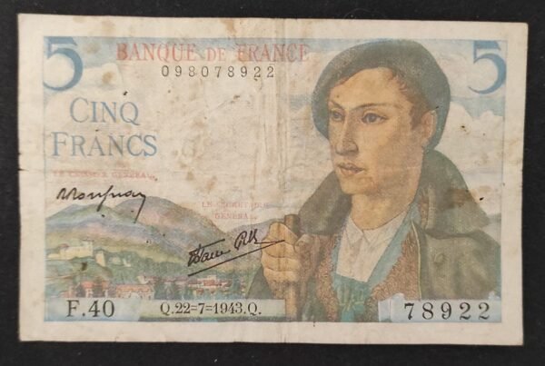 france billets de 5 francs berger du 22/07/1943 v.27 ref : f.05/02 (copie)