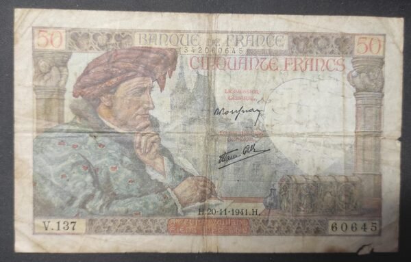 france billet de 50 francs jacques cœur du 20/11/1941 v.137 ref : f.19/06 rare (copie)