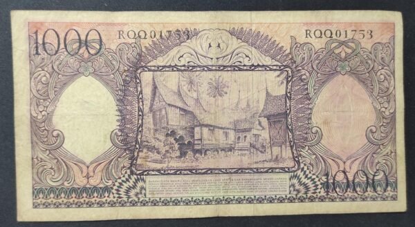 indonésie billet de 1000 roupies de 1958 maison traditionnel minangkabau pick 62 (copie)