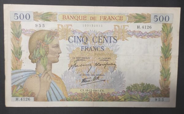 france billet de 500 francs la paix du 18/12/1941 h.4126 ref : f.32/25