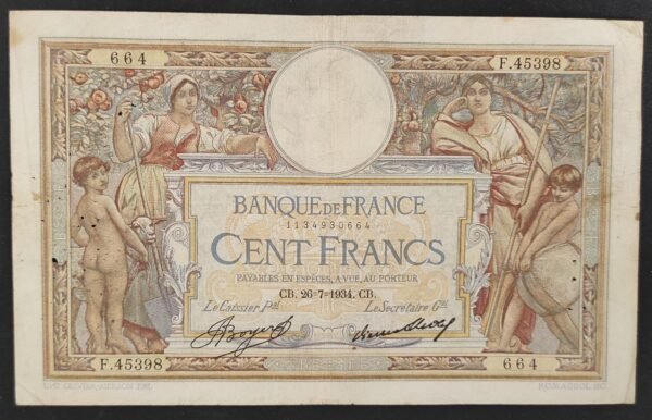france billet de 100 francs luc olivier merson du 26/07/1934 f.45398 ref f.24/13