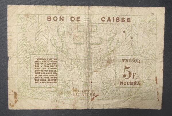 nouvelle calédonie billet de 5 francs trésorerie de nouméa 15/06/1943 (copie)