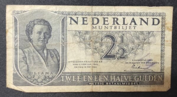 pays bas billet de 2 1/2 gulden type 1949 julianna pick 73