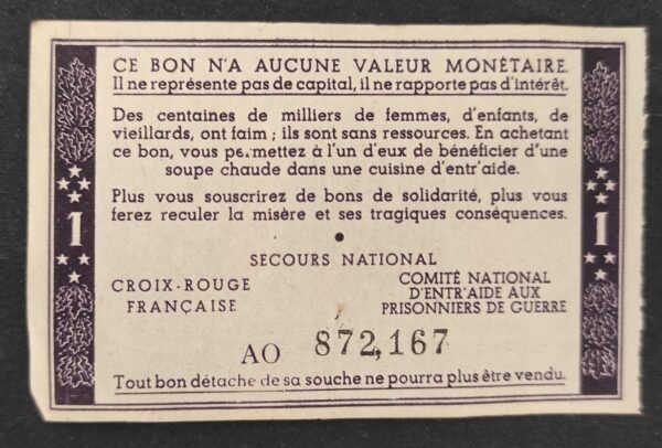 france 1 franc marechal petain bon de solidarité retiré de sa souche ttb+