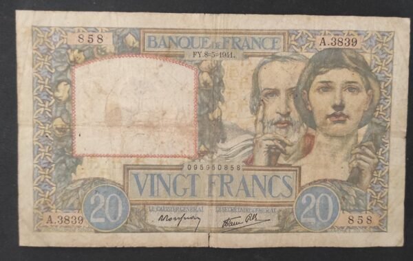 france billet de 20 francs travail et science a.3839 du 08/05/1941 f.12/14