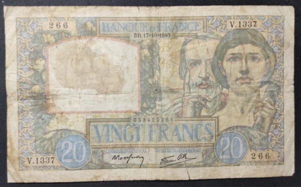 france billet de 20 francs travail et science v.1337 du 17/10/1940 f.12/10