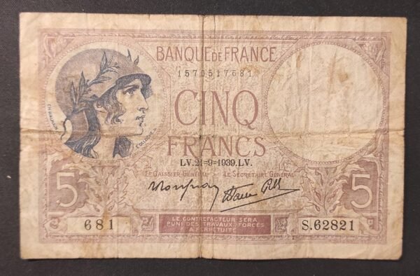 france billet de france 5 francs violet du 21/09/1939 c.62874 ref f.04/09 (copie)
