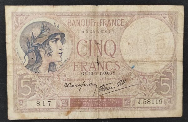 france billet de france 5 francs violet du 13/07/1939 j.58119 ref f.04/0