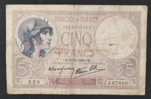 france billet de 5 francs violet du 26/12/1940 j.67810 ref f.04/18 dernière date