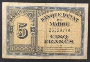 maroc billet de 5 francs type 1943 ( us ) du 01/05/1944 e.342 pick 24
