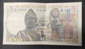 banque de l'afrique occidentale billet de 5 francs du 21/11/1953 sup ! (copie)