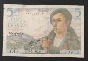 france billets de 5 francs berger du 22/07/1943 f.40 ref : f.05/02
