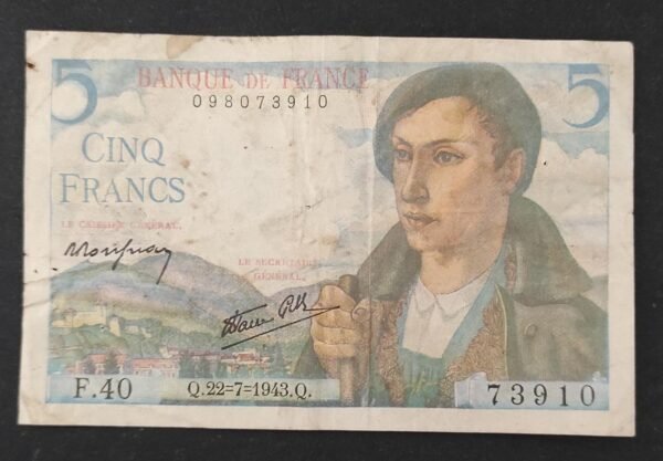 france billets de 5 francs berger du 22/07/1943 f.40 ref : f.05/02