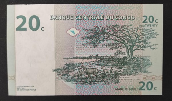 congo billet 20 centimes 1997 pick 83 antilopes d'afrique neuf ( unc ) !