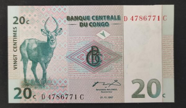 congo billet 20 centimes 1997 pick 83 antilopes d'afrique neuf ( unc ) !