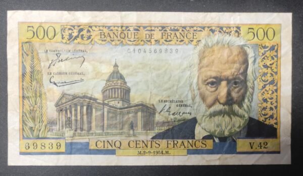france billet de 500 francs victor hugo du 02/09/1954 ref : f.35/03