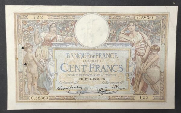 france billet de 100 francs luc olivier merson du 17/03/1938 n.58262 ref f.25/13 (copie)