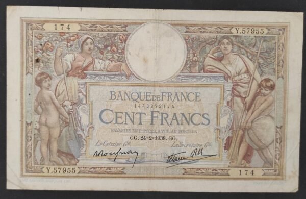 france billet de 100 francs luc olivier merson du 24/02/1938 n.57856 ref f.25/12 (copie)