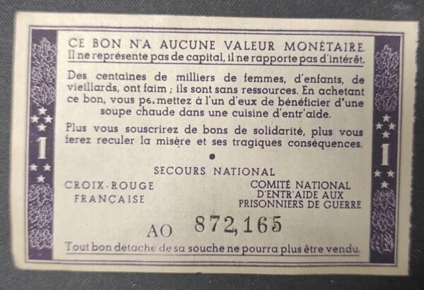 france 1 franc marechal pétain bon de solidarité retiré de sa souche ao sup