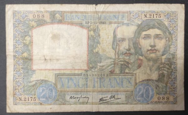 france billet de 20 francs travail et science n.2175 du 05/12/1940 f.12/10