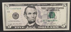 etats unis d'amérique usa billet de 5 dollars 2021 e 5 richmond ( virginie ) neuf
