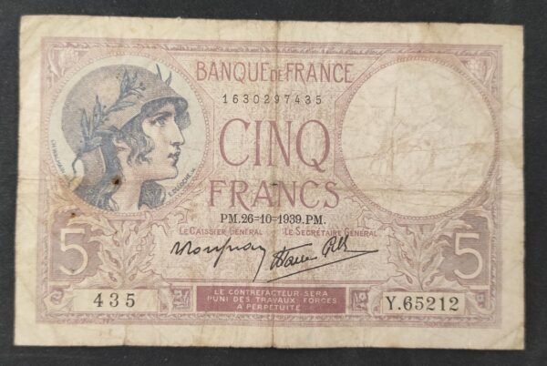 france billet de france 5 francs violet du 26/10/1939 y.65212 ref f.04/12