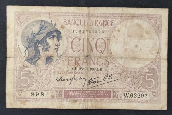 france billet de france 5 francs violet du 28/09/1939 y.63605 ref f.04/10 (copie)