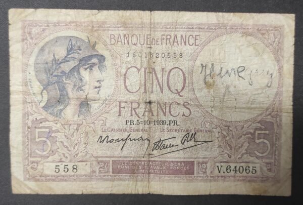 france billet de france 5 francs violet du 05/10/1939 v.64065 ref f.04/