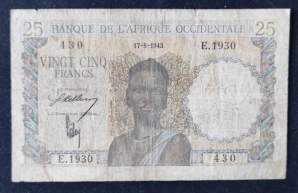 banque de l'afrique occidentale billet de 25 francs du 17/08/1943 pick 38