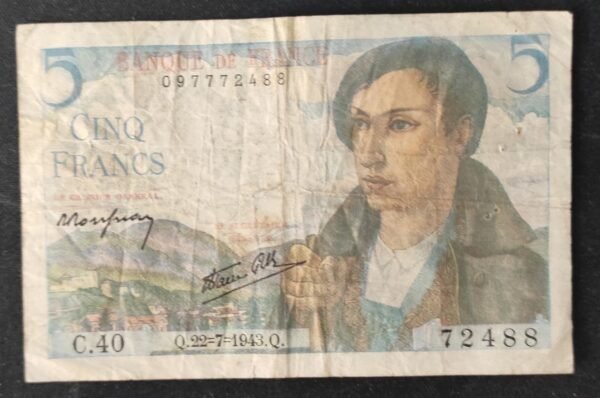 france billets de 5 francs berger du 22/07/1943 c.40 ref : f.05/02