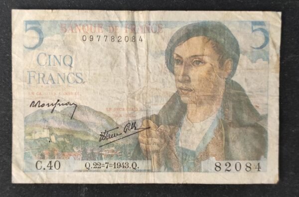 france billets de 5 francs berger du 22/07/1943 f.40 ref : f.05/02 (copie)