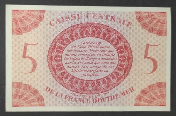rare billet de 5 francs caisse centrale de la france d'outre mer pr neuf ! (copie)