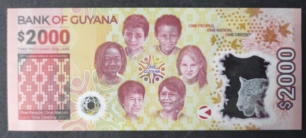 guyana magnifique billet de 2000 dollars polymère commémoratif ! neuf unc