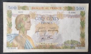 france billet de 500 francs la paix du 18/12/1941 z.4104 ref : f.32/25