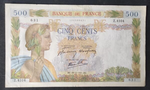 france billet de 500 francs la paix du 18/12/1941 z.4104 ref : f.32/25