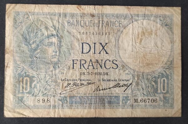 france billet de 10 francs minerve du 07/07/1932 m.66706 ref : f.06/16
